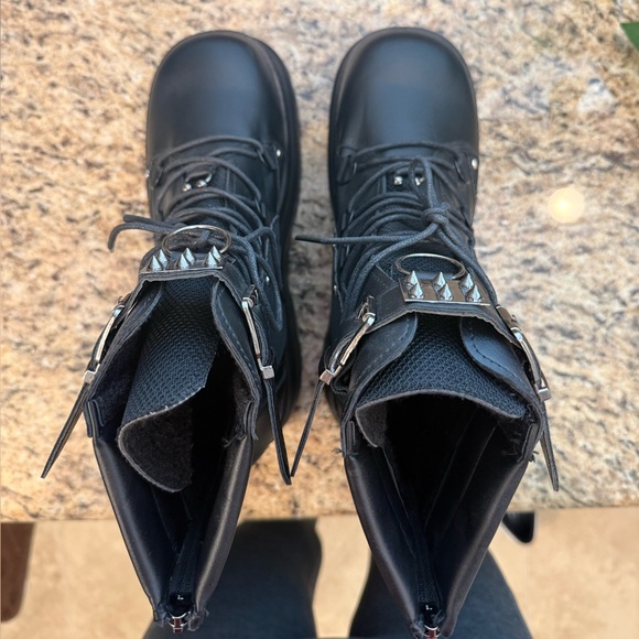 Black Platform Combat Boots – Studded Buckle & Lace-Up – Chunky Goth / Size W10 - Picture 6 of 8